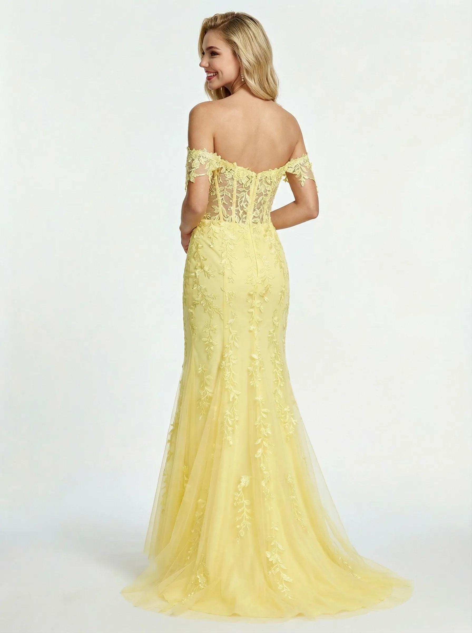 Elegant Lace Appliques Off the Shoulder Tulle Corset Mermaid Prom Dress sold by ChicSew product image thumbnail 3