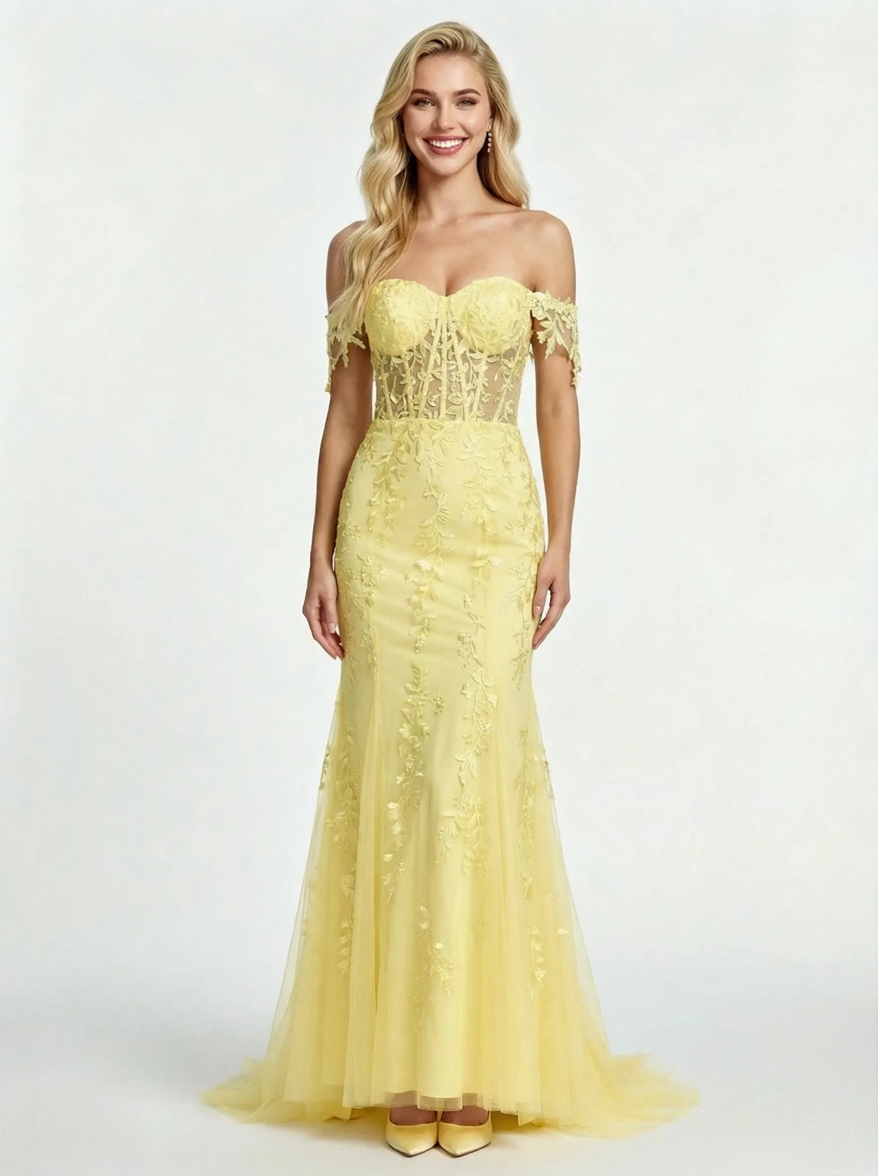 Elegant Lace Appliques Off the Shoulder Tulle Corset Mermaid Prom Dress sold by ChicSew