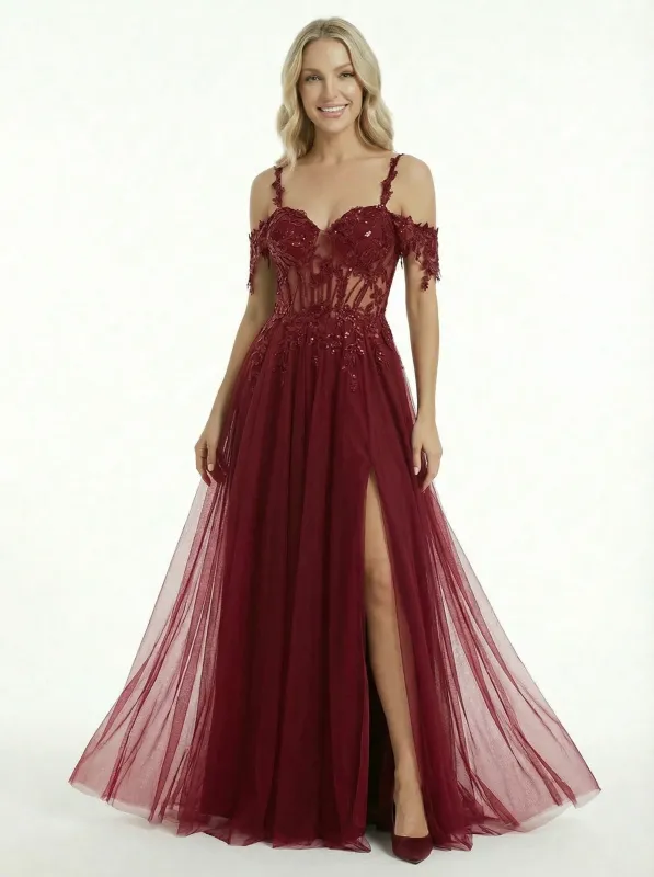 Sexy Cold Shoulder Lace Appliques A-line Corset Prom Dress with Slit sold by ChicSew