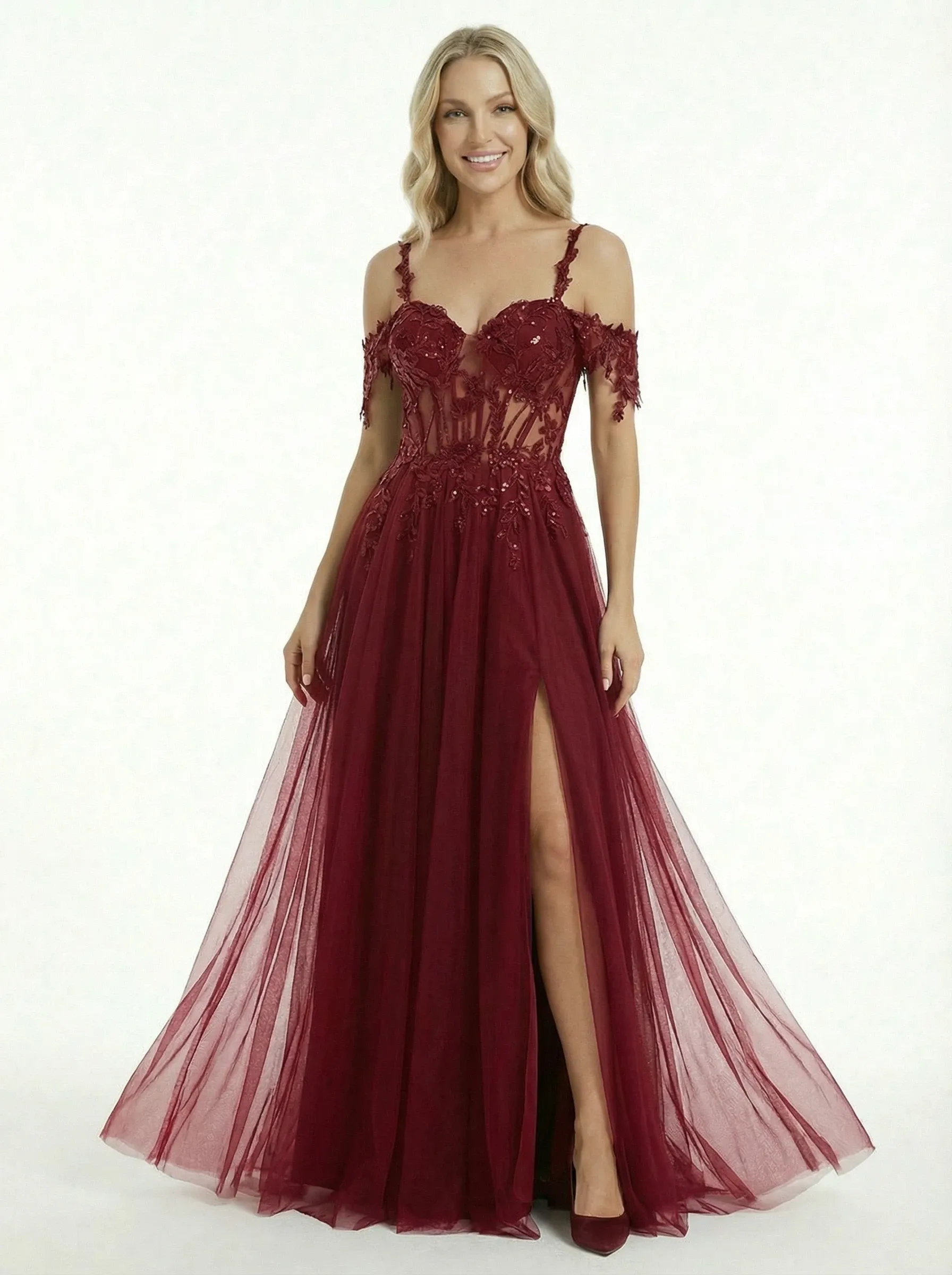 Sexy Cold Shoulder Lace Appliques A-line Corset Prom Dress with Slit sold by ChicSew