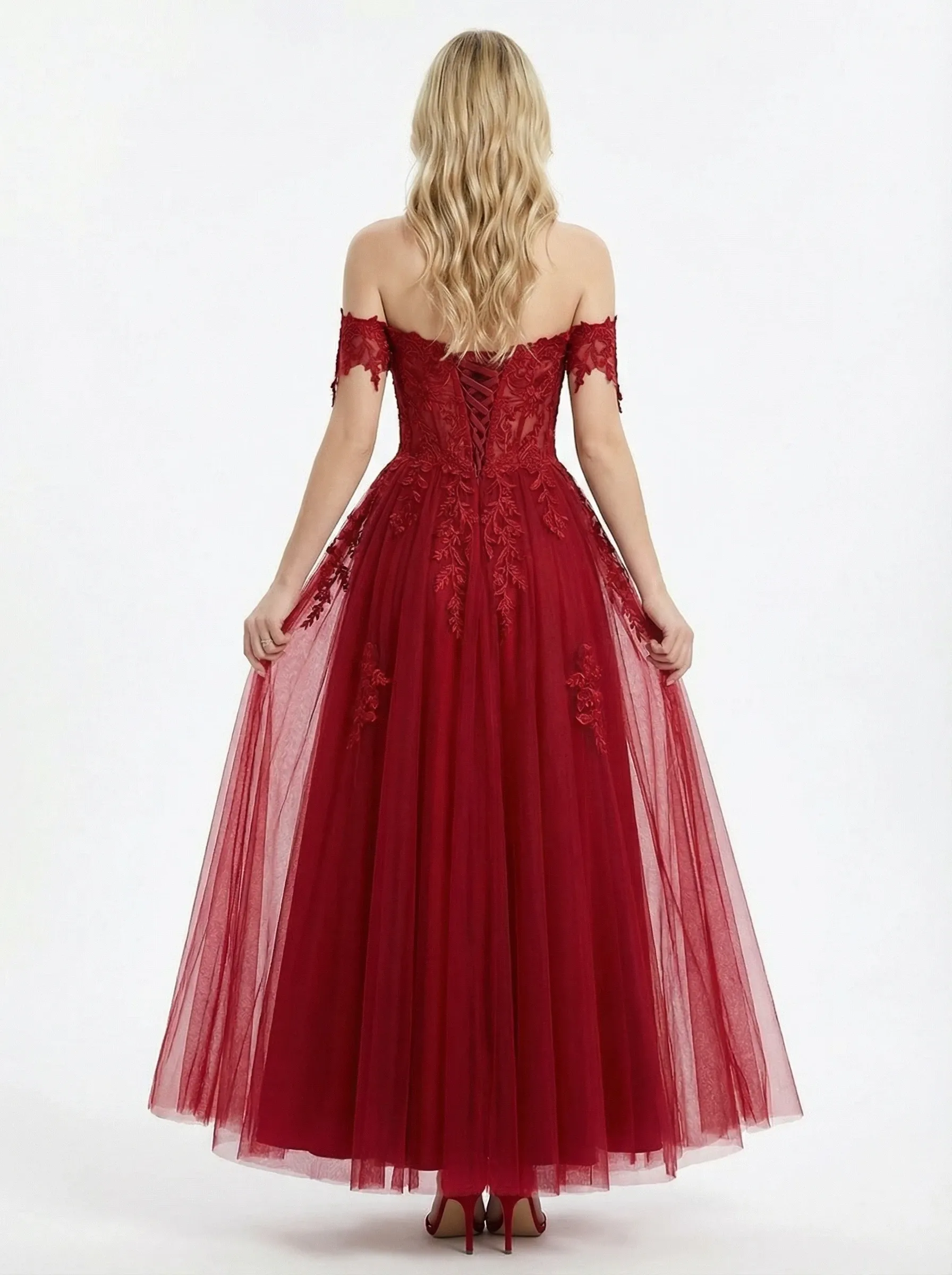 Stunning Off the Shoulder Lace Appliques A-line Tulle Prom Dress with Slit sold by ChicSew product image thumbnail 3
