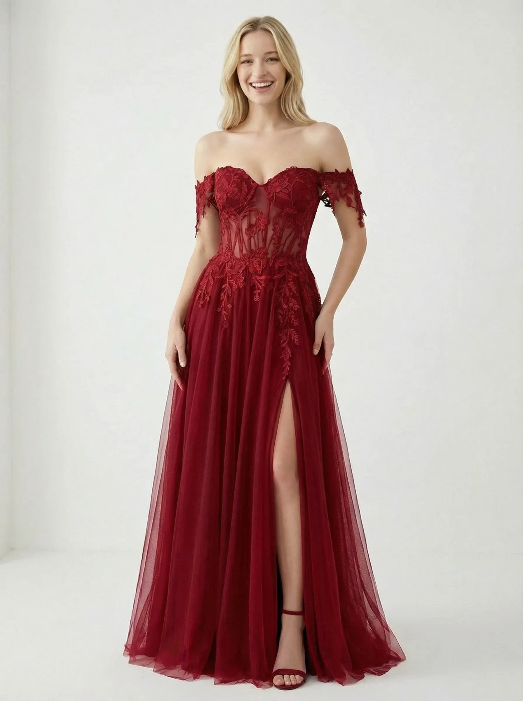 Stunning Off the Shoulder Lace Appliques A-line Tulle Prom Dress with Slit sold by ChicSew