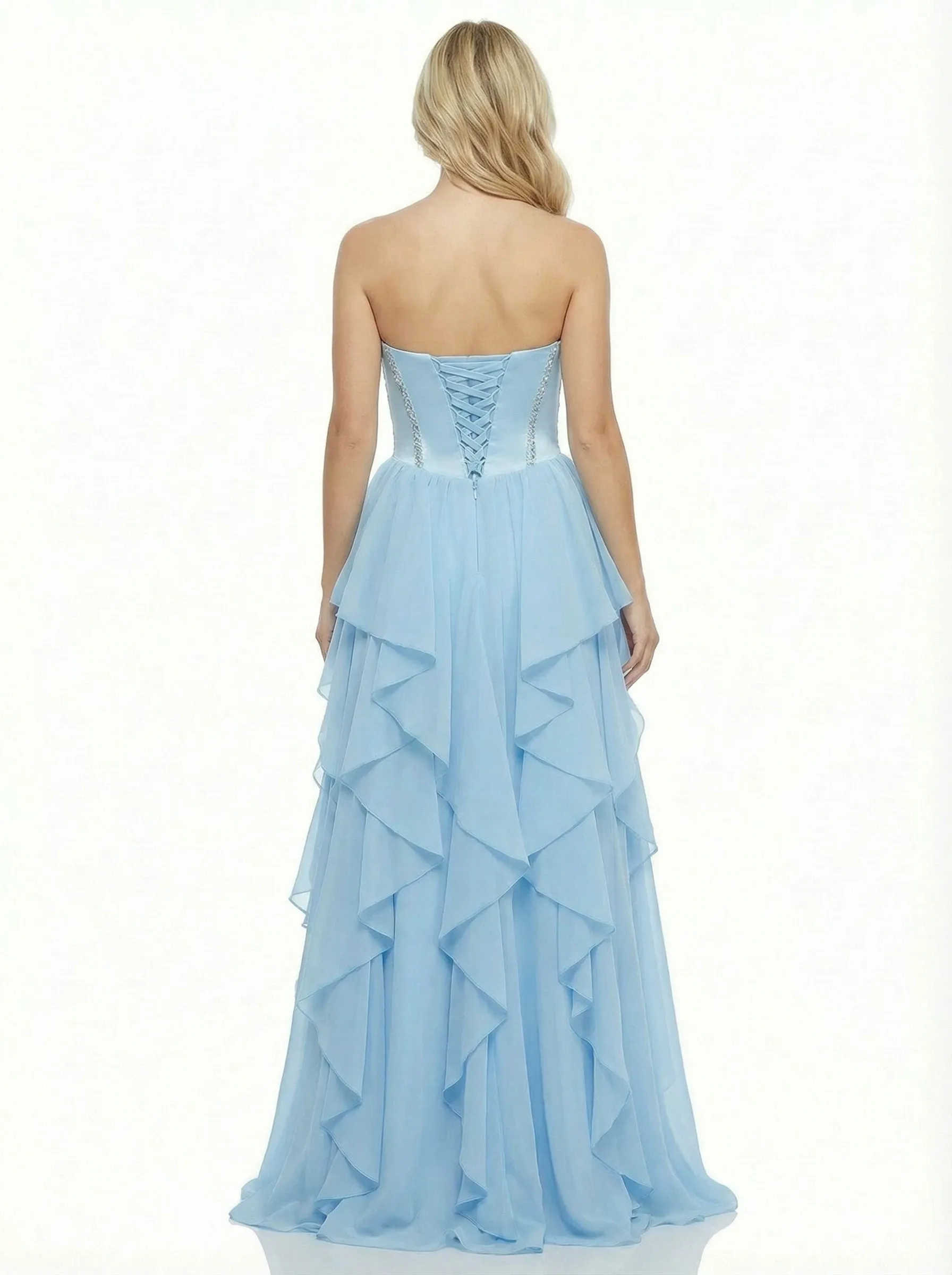 Cute Sweetheart Ruffles Side Slit A-Line Corset Beaded Long Party Prom Dresses sold by ChicSew product image thumbnail 2