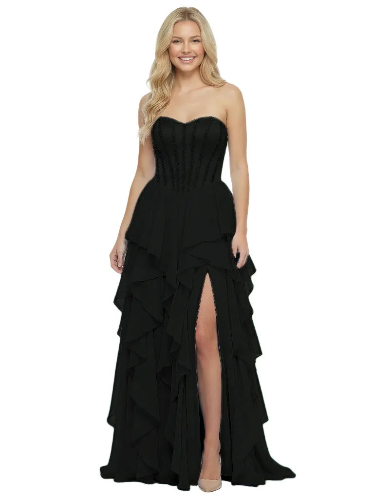 Cute Sweetheart Ruffles Side Slit A-Line Corset Beaded Long Party Prom Dresses sold by ChicSew product image thumbnail 4