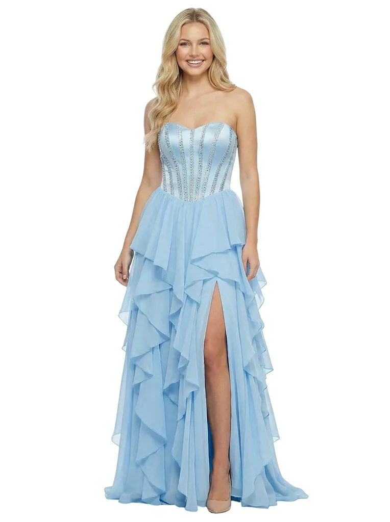 Cute Sweetheart Ruffles Side Slit A-Line Corset Beaded Long Party Prom Dresses sold by ChicSew