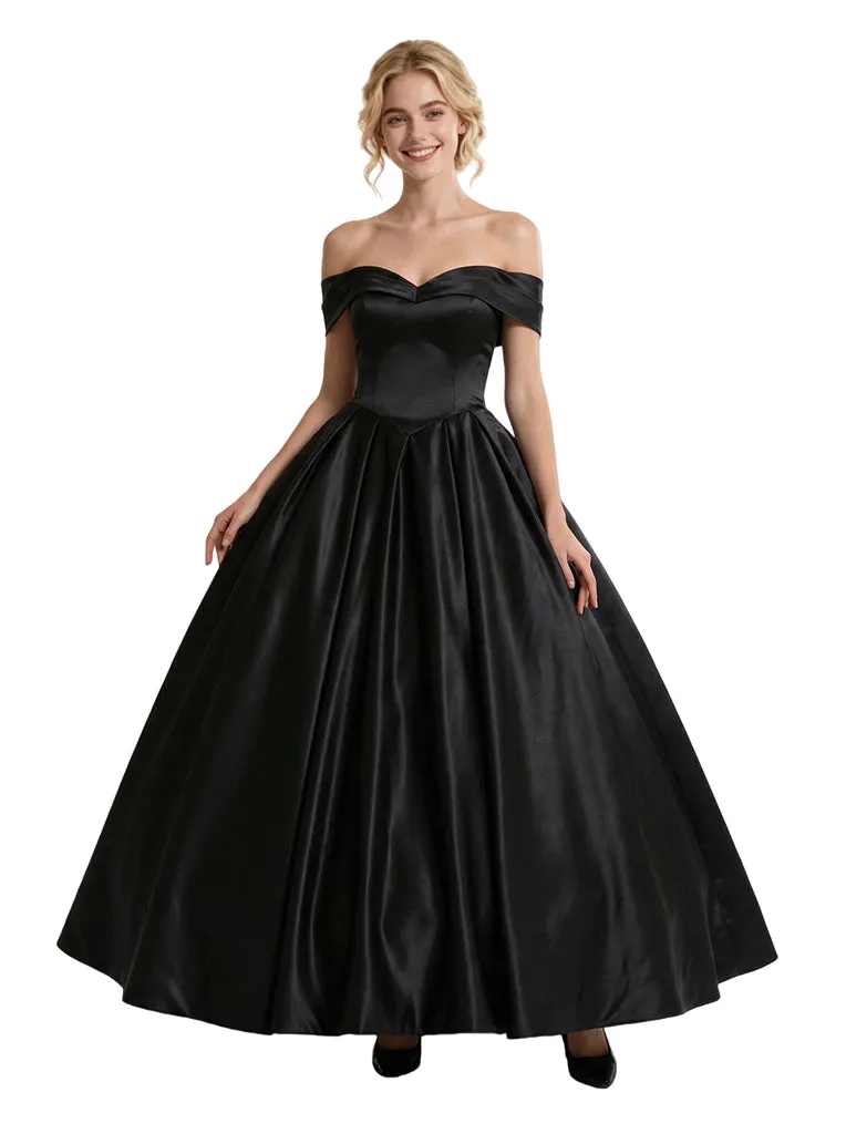 Fancy A-Line Off Shoulder Satin Long Party Prom Dresses sold by ChicSew