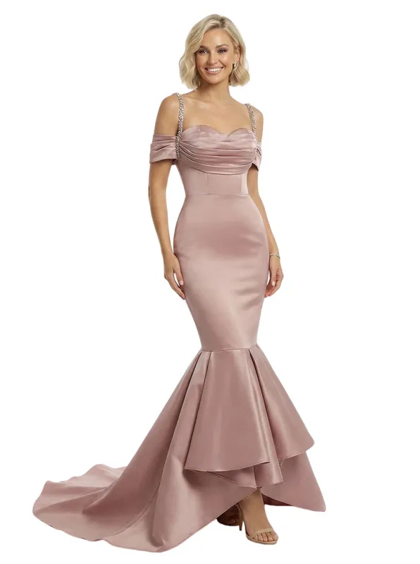 Stunning Cold Shoulder Mermaid Satin Long Party Prom Dresses sold by ChicSew