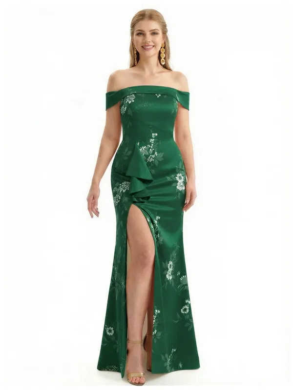 Simple Off Shoulder Side Slit Mermaid Long Satin Floral Formal Evening Dresses For Ladies sold by ChicSew