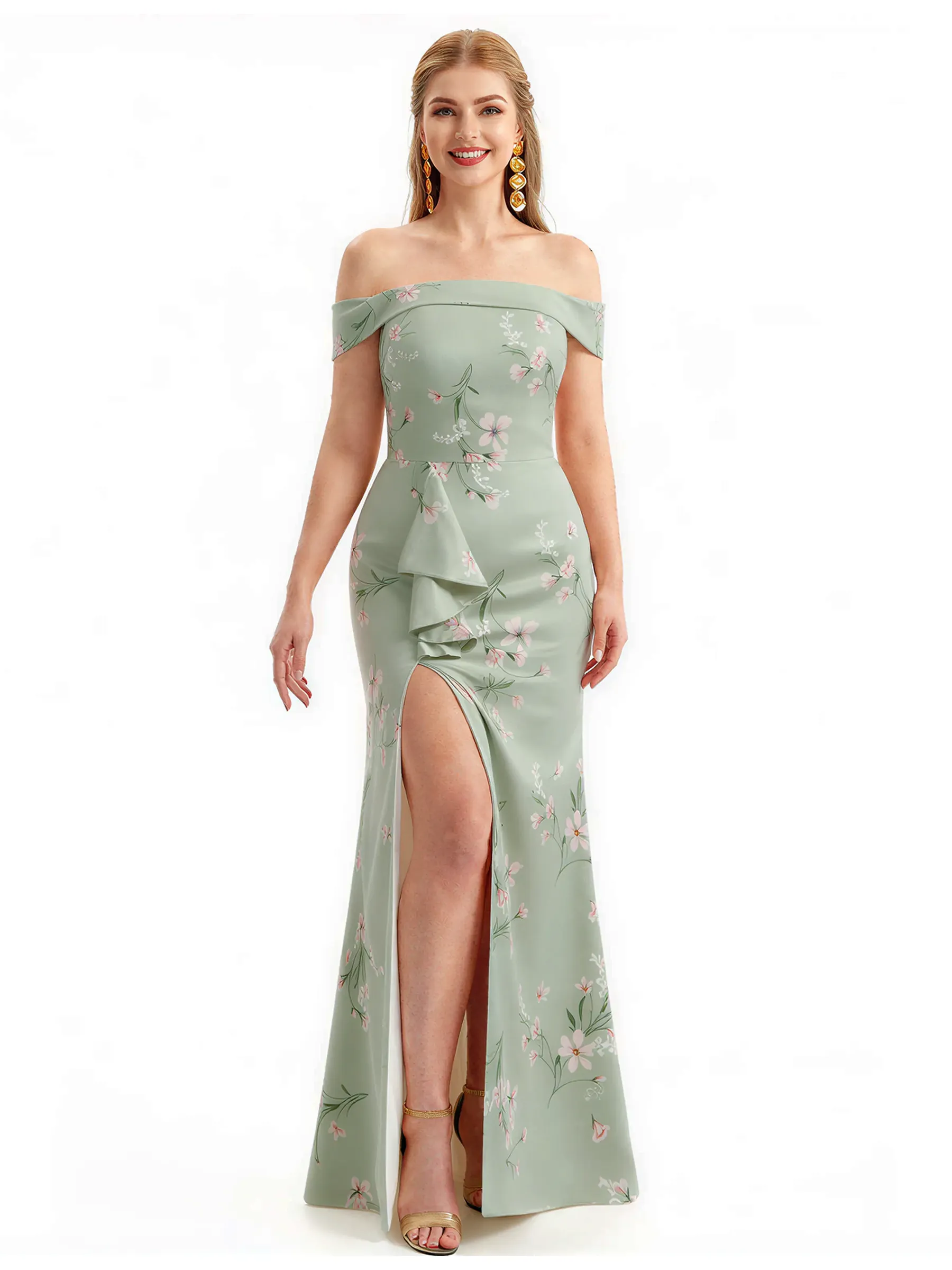 Simple Off Shoulder Side Slit Mermaid Long Satin Floral Formal Evening Dresses For Ladies sold by ChicSew