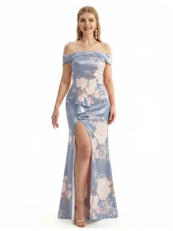 Simple Off Shoulder Side Slit Mermaid Long Satin Floral Formal Evening Dresses For Ladies sold by ChicSew