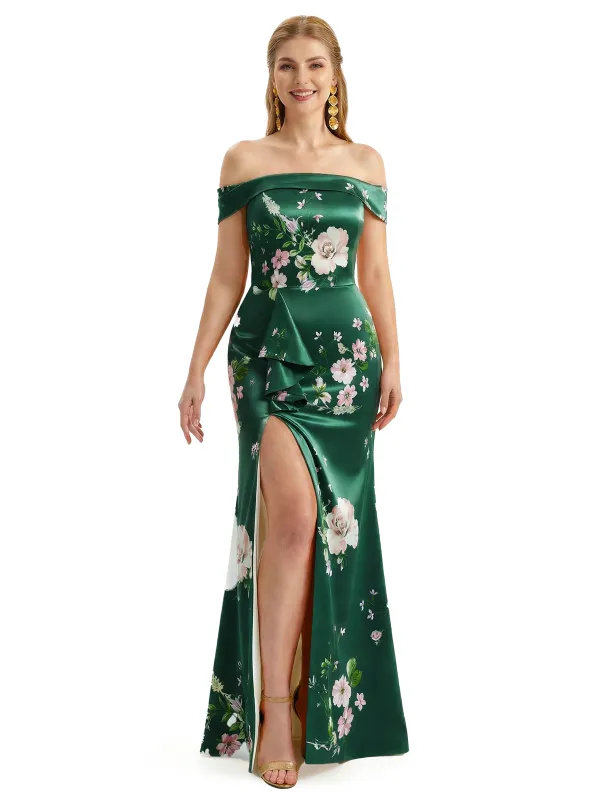 Simple Off Shoulder Side Slit Mermaid Long Satin Floral Formal Evening Dresses For Ladies sold by ChicSew