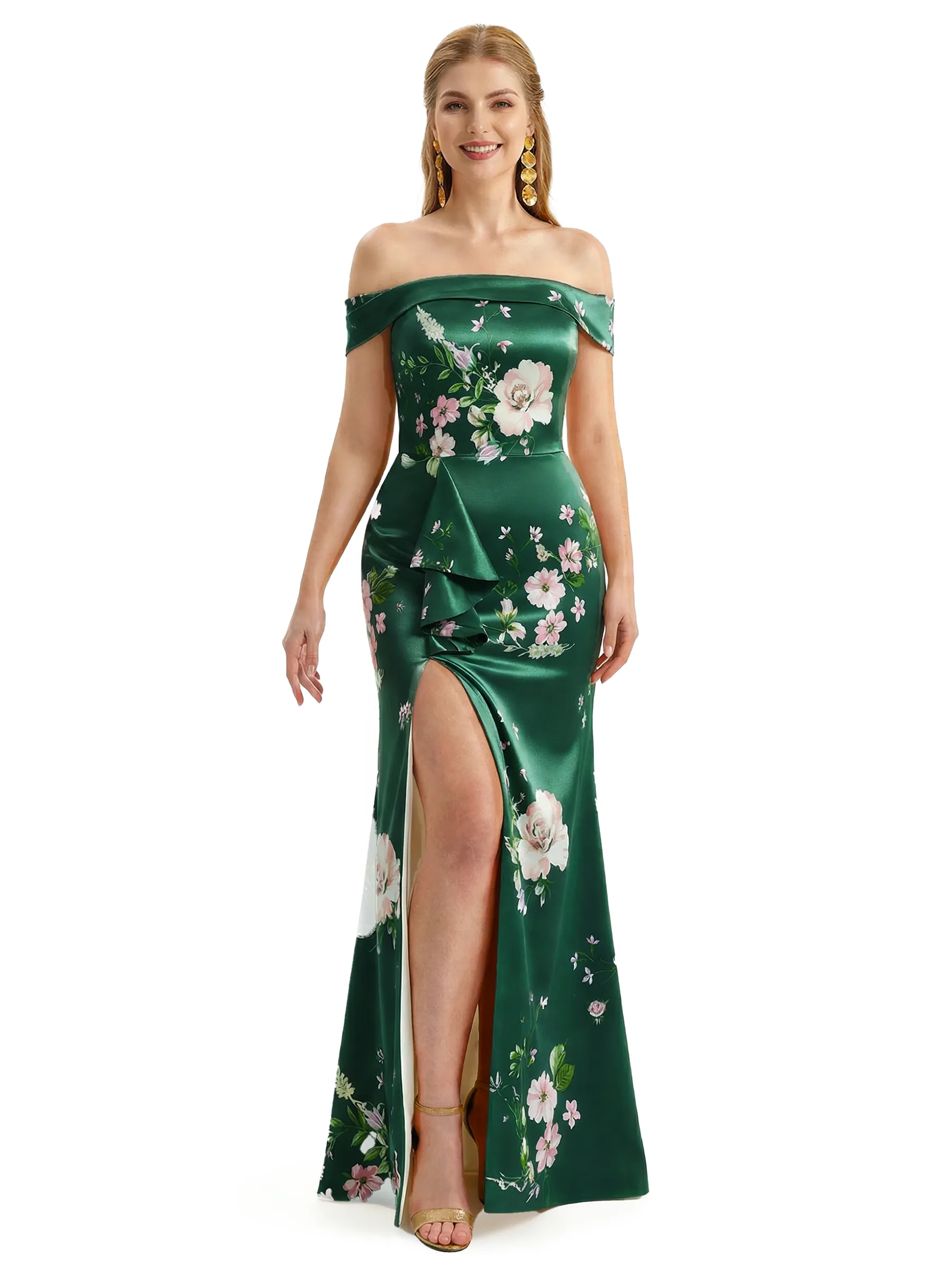 Simple Off Shoulder Side Slit Mermaid Long Satin Floral Formal Evening Dresses For Ladies sold by ChicSew