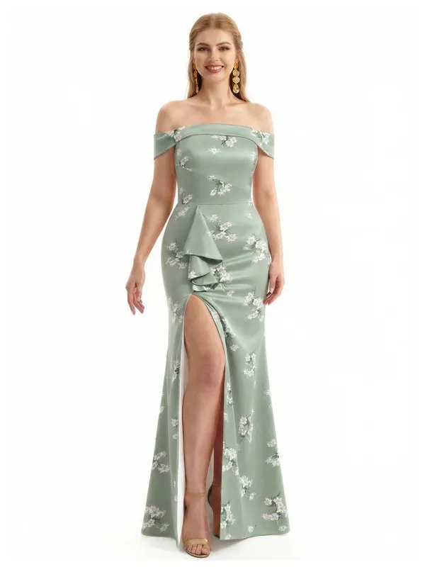 Simple Off Shoulder Side Slit Mermaid Long Satin Floral Formal Evening Dresses For Ladies sold by ChicSew