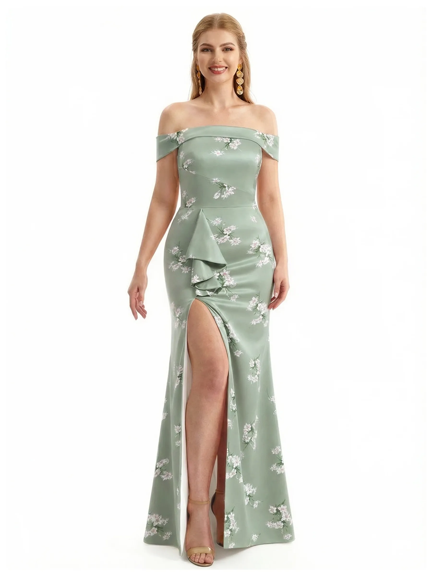 Simple Off Shoulder Side Slit Mermaid Long Satin Floral Formal Evening Dresses For Ladies sold by ChicSew
