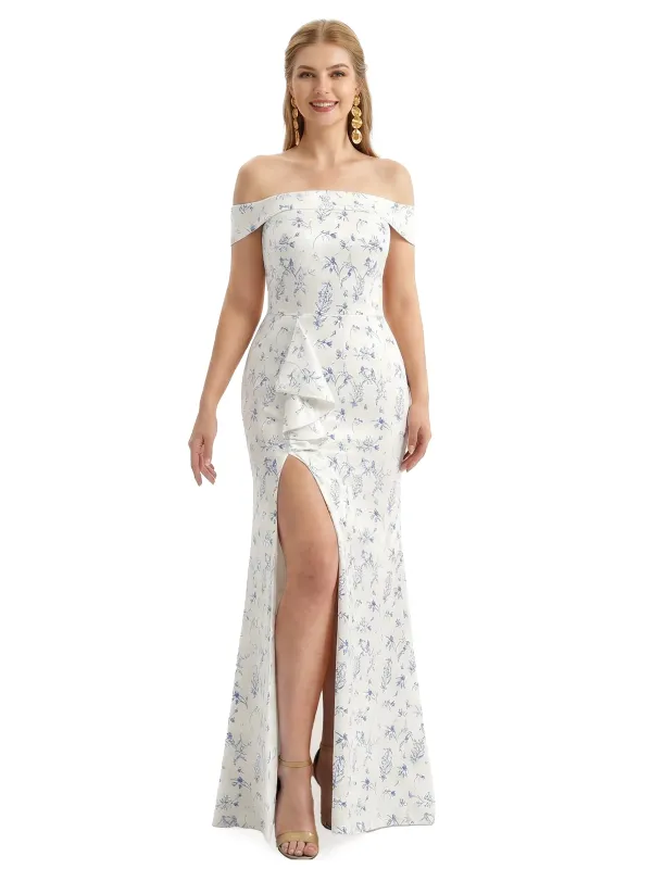 Simple Off Shoulder Side Slit Mermaid Long Satin Floral Formal Evening Dresses For Ladies sold by ChicSew