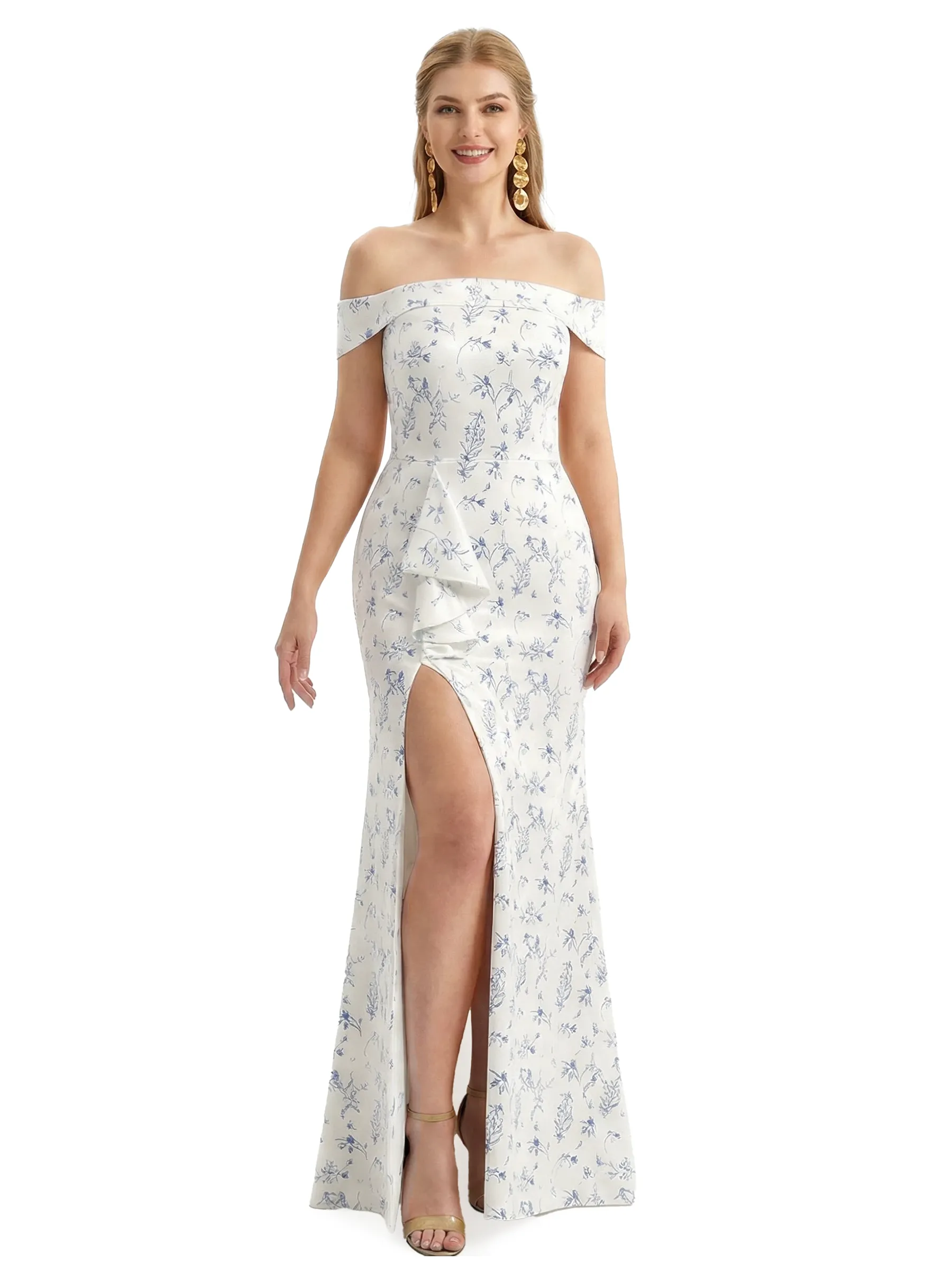 Simple Off Shoulder Side Slit Mermaid Long Satin Floral Formal Evening Dresses For Ladies sold by ChicSew