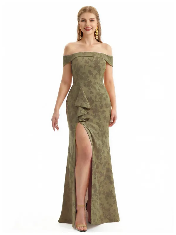 Simple Off Shoulder Side Slit Mermaid Long Satin Floral Formal Evening Dresses For Ladies sold by ChicSew