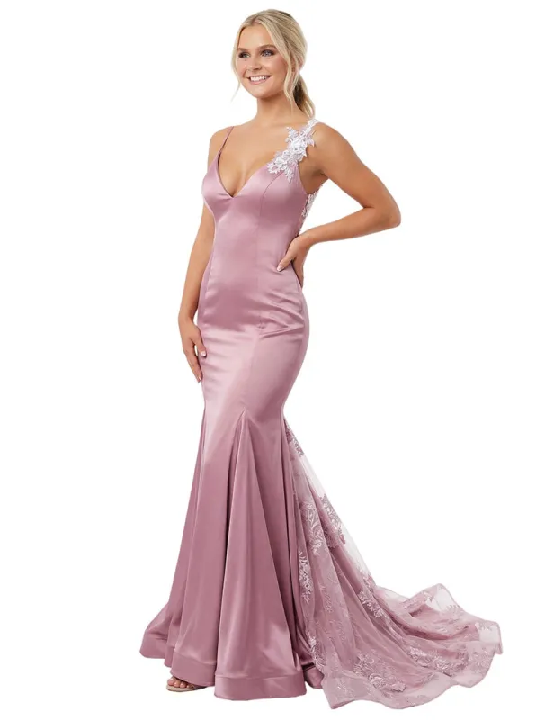 Modern V-Neck Mermaid Spaghetti Straps Floral Lace Satin Prom Dress sold by ChicSew