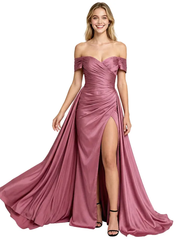 Classy Mermaid Off Shoulder Satin Long Party Prom Dresses Overskirt sold by ChicSew