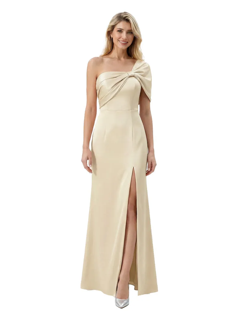 Elegant One Shoulder Satin Mother Of The Bride Dress Sheath Maxi Gown Side Slit sold by ChicSew