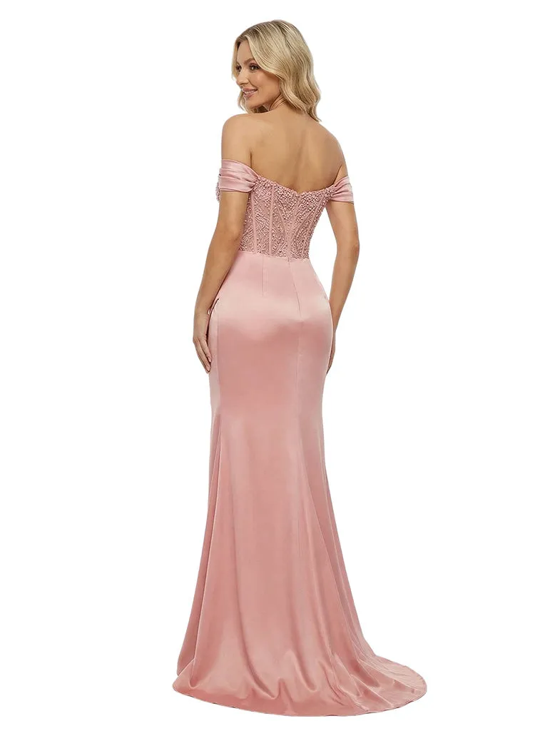 Elegant Off Shoulder Corset Lace Satin Mermaid Prom Dress Slit sold by ChicSew product image thumbnail 2
