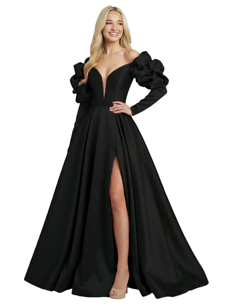 Sweet Satin Long Sleeves V-Neck A-Line Long Party Prom Dresses sold by ChicSew product image thumbnail 4