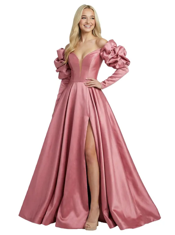 Sweet Satin Long Sleeves V-Neck A-Line Long Party Prom Dresses sold by ChicSew