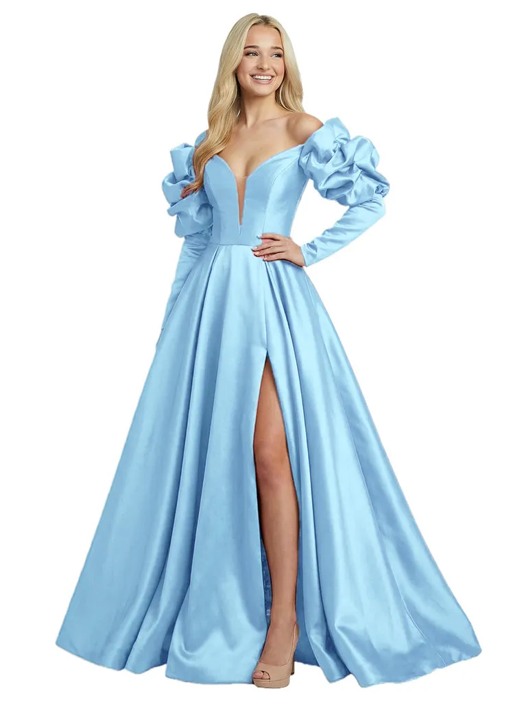 Sweet Satin Long Sleeves V-Neck A-Line Long Party Prom Dresses sold by ChicSew product image thumbnail 5