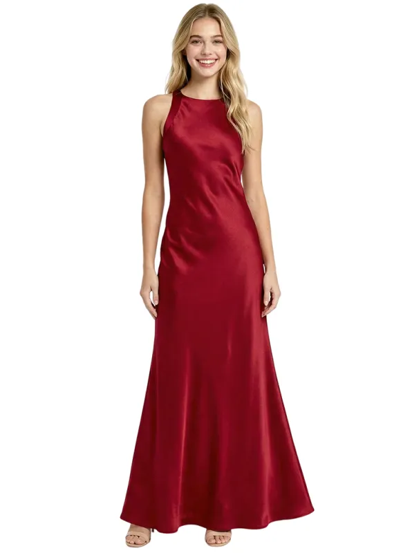Chic High Neck Halter Prom Dress A-Line Satin Maxi Gown sold by ChicSew
