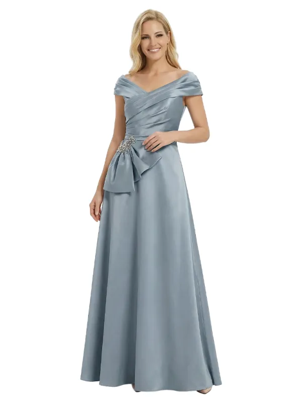 Elegant Cap Sleeves Ruffles A-Line Floor-Length Pleat Satin Mother of the Groom Evening Dress sold by ChicSew