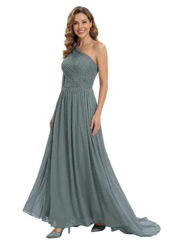 Fancy One Shoulder Lace Appliques Mother Of The Bride Dress Ruched Floor Length Chiffon Formal Gown sold by ChicSew