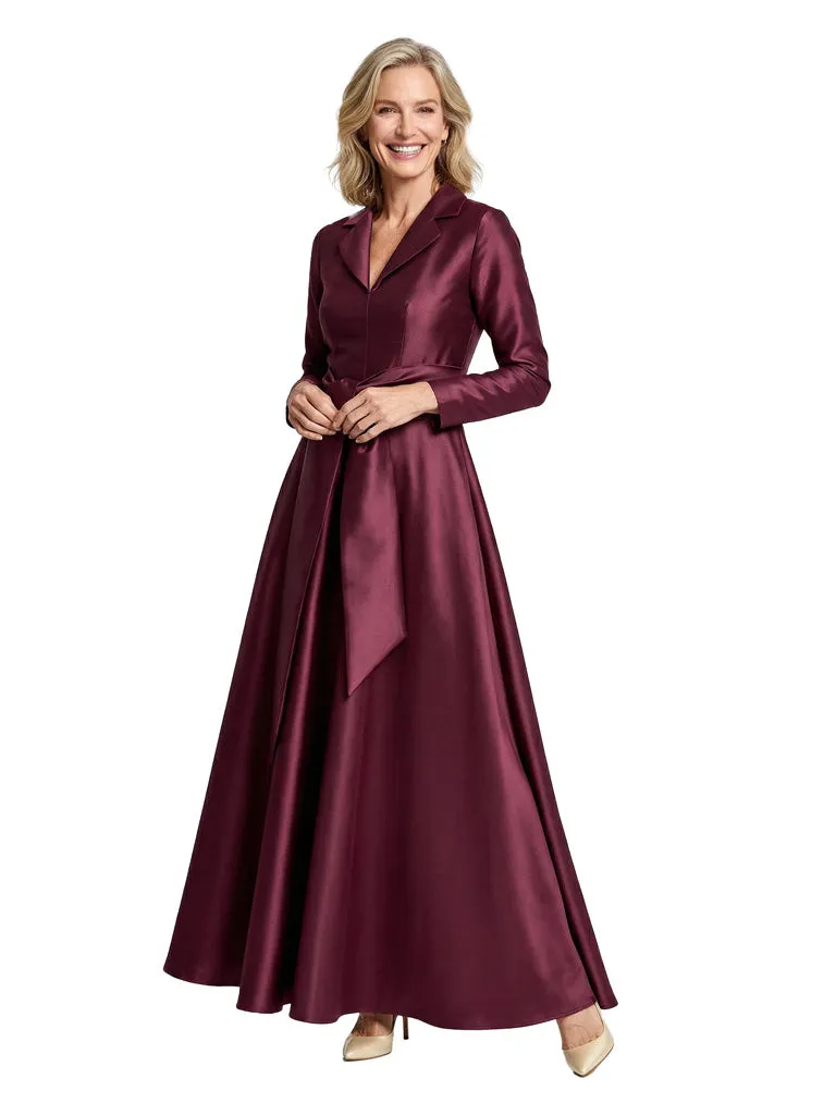 Classy V-Neck Long Sleeves Satin Mother of The Bride Dress With Sash Tie Waist sold by ChicSew