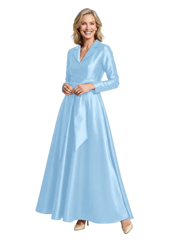 Classy V-Neck Long Sleeves Satin Mother of The Bride Dress With Sash Tie Waist sold by ChicSew product image thumbnail 5