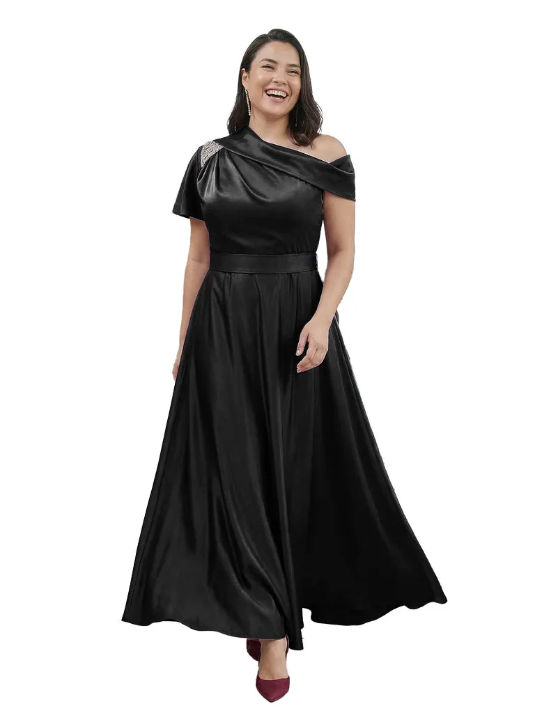 Chic One Shoulder Beaded Detail A-Line Satin Mother of The Bride Dress sold by ChicSew product image thumbnail 4