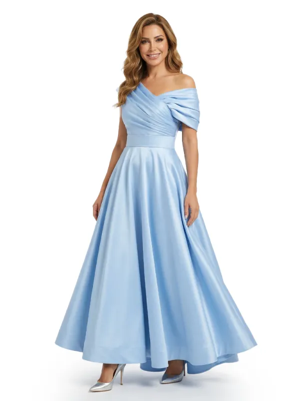 Elegant Asymmetric Straps Satin Mother Of The Groom Dress A-Line Ruched Formal Gown sold by ChicSew