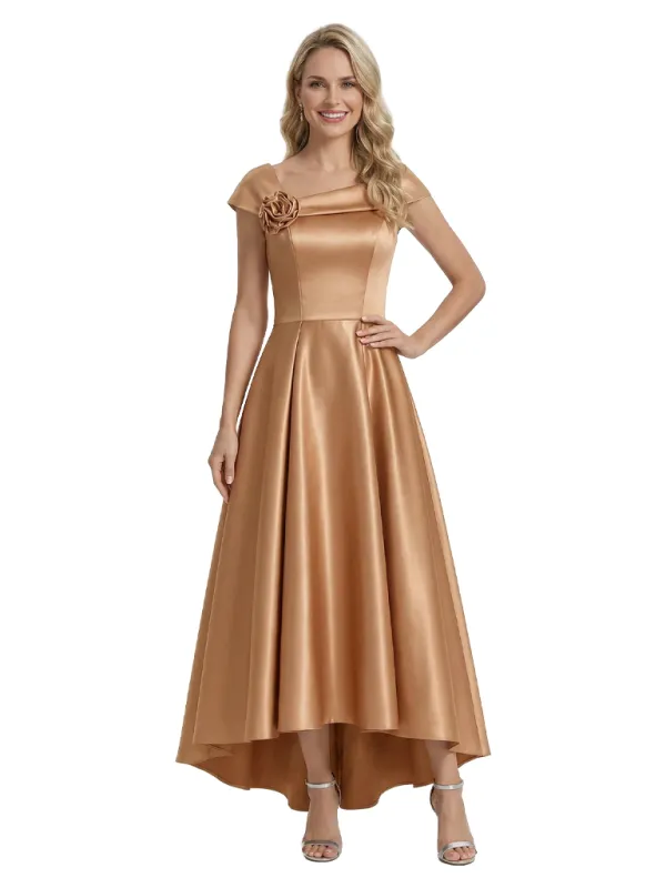 Fancy Asymmetrical Cap Sleeves Satin High Low A-Line Mother of The Bride Dress made by ChicSew
