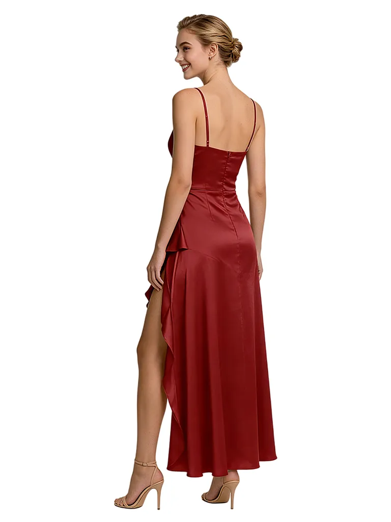 Unique High Low Ruffle Spaghetti Straps Asymmetrical Satin Prom Dress sold by ChicSew product image thumbnail 3