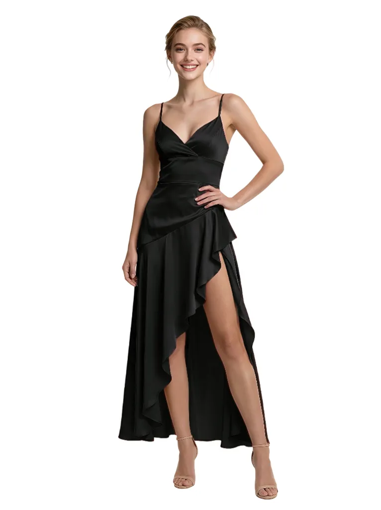 Unique High Low Ruffle Spaghetti Straps Asymmetrical Satin Prom Dress sold by ChicSew product image thumbnail 4