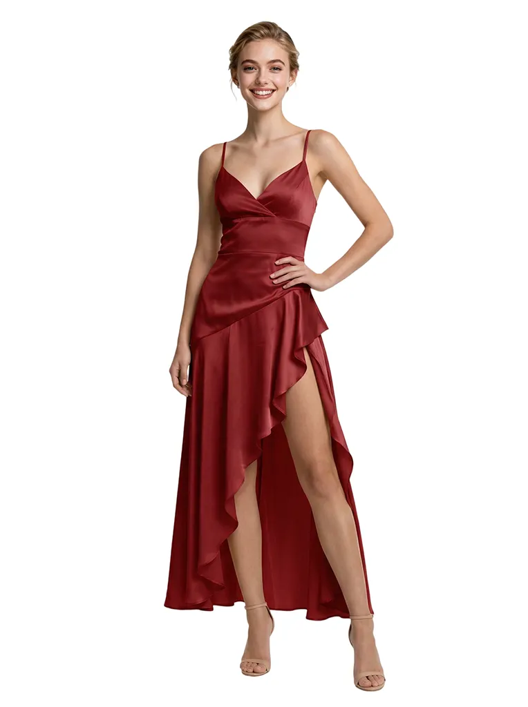 Unique High Low Ruffle Spaghetti Straps Asymmetrical Satin Prom Dress sold by ChicSew