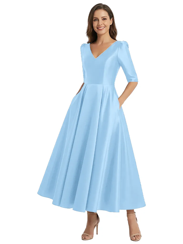 Mother of The Bride Gown Half Sleeves V-Neck Satin Mermaid Tea-lengh Stylish Formal Gown sold by ChicSew product image thumbnail 5