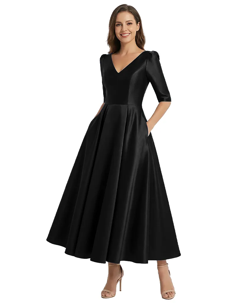 Mother of The Bride Gown Half Sleeves V-Neck Satin Mermaid Tea-lengh Stylish Formal Gown sold by ChicSew product image thumbnail 4