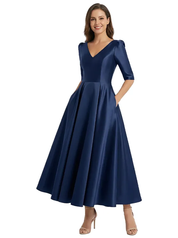 Mother of The Bride Gown Half Sleeves V-Neck Satin Mermaid Tea-lengh Stylish Formal Gown sold by ChicSew