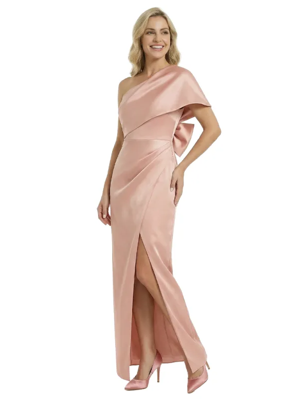 Elegant One Shoulder Bow Knot Floor-Length Satin Mother of the Groom Evening Dress sold by ChicSew
