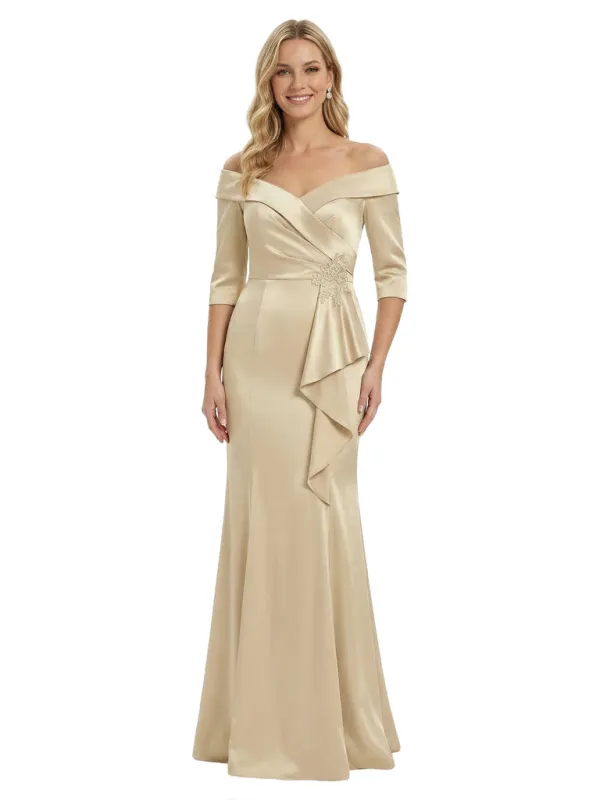 Off The Shoulder Ruffles Satin Mother Of The Groom Dress 3/4 Sleeves Mermaid Maxi Gown sold by ChicSew