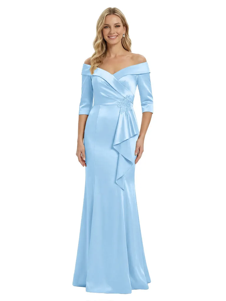 Off The Shoulder Ruffles Satin Mother Of The Groom Dress 3/4 Sleeves Mermaid Maxi Gown sold by ChicSew product image thumbnail 5