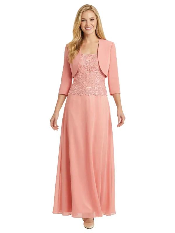 Mother of The Bride Outfit Square Neck Half Sleeve Lace Chiffon Maxi Dress with Jacket sold by ChicSew