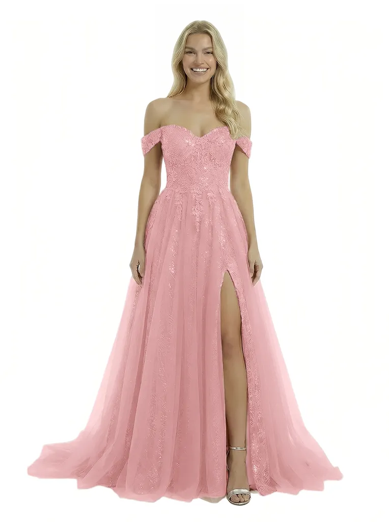 Elegant Off Shoulder A-line Tulle Applique Side Slit Long Evening Prom Dresses sold by ChicSew product image thumbnail 4