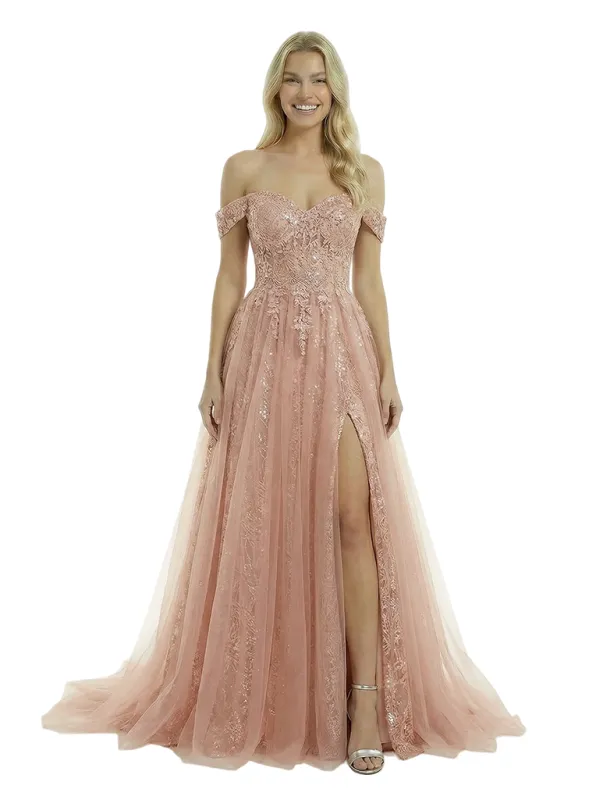 Elegant Off Shoulder A-line Tulle Applique Side Slit Long Evening Prom Dresses sold by ChicSew