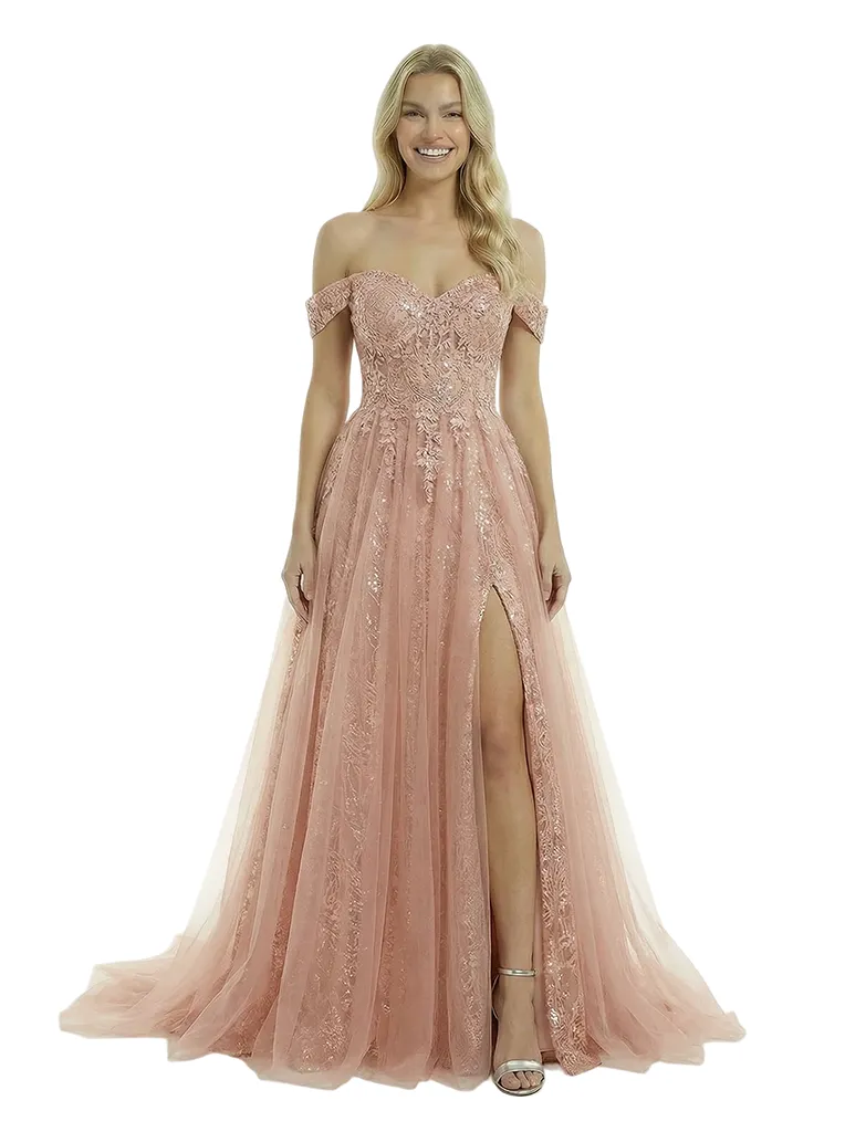 Elegant Off Shoulder A-line Tulle Applique Side Slit Long Evening Prom Dresses sold by ChicSew