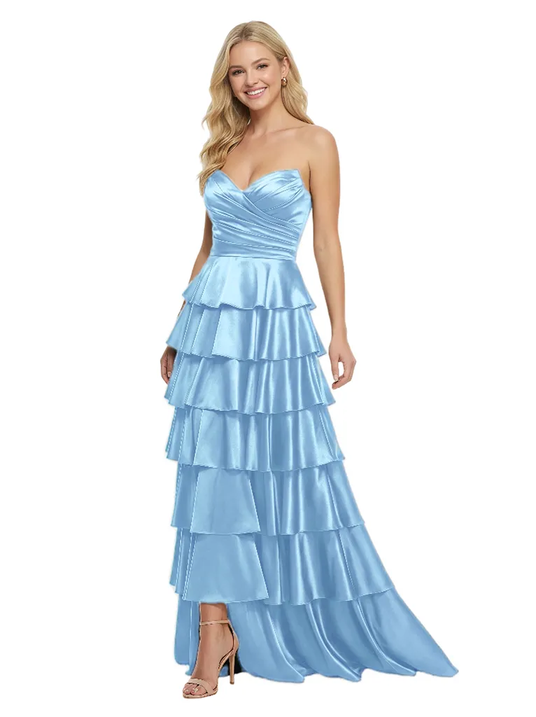Classy Strapless Tiered Ruffle Lace Up Back Glossy Satin A-Line Prom Dress sold by ChicSew product image thumbnail 5